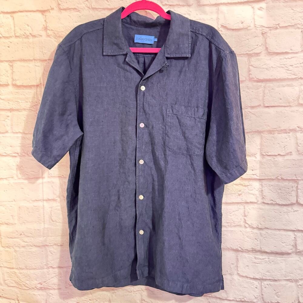 J. McLaughlin Blue short sleeve button up untucked Linen shirt Sz XL casual